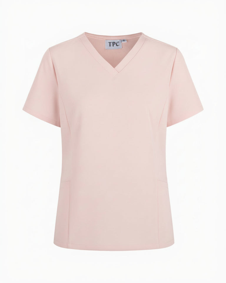Pink t-shirt with a V-neck on a white background