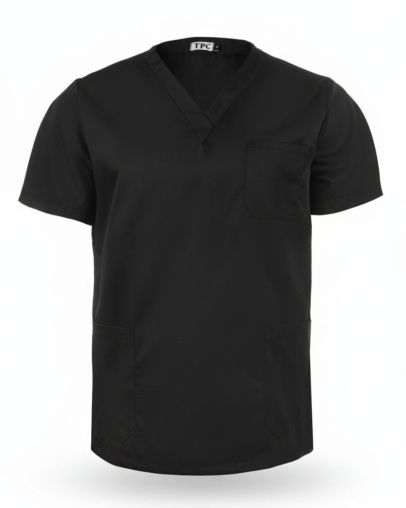 Black scrub top on a white background
