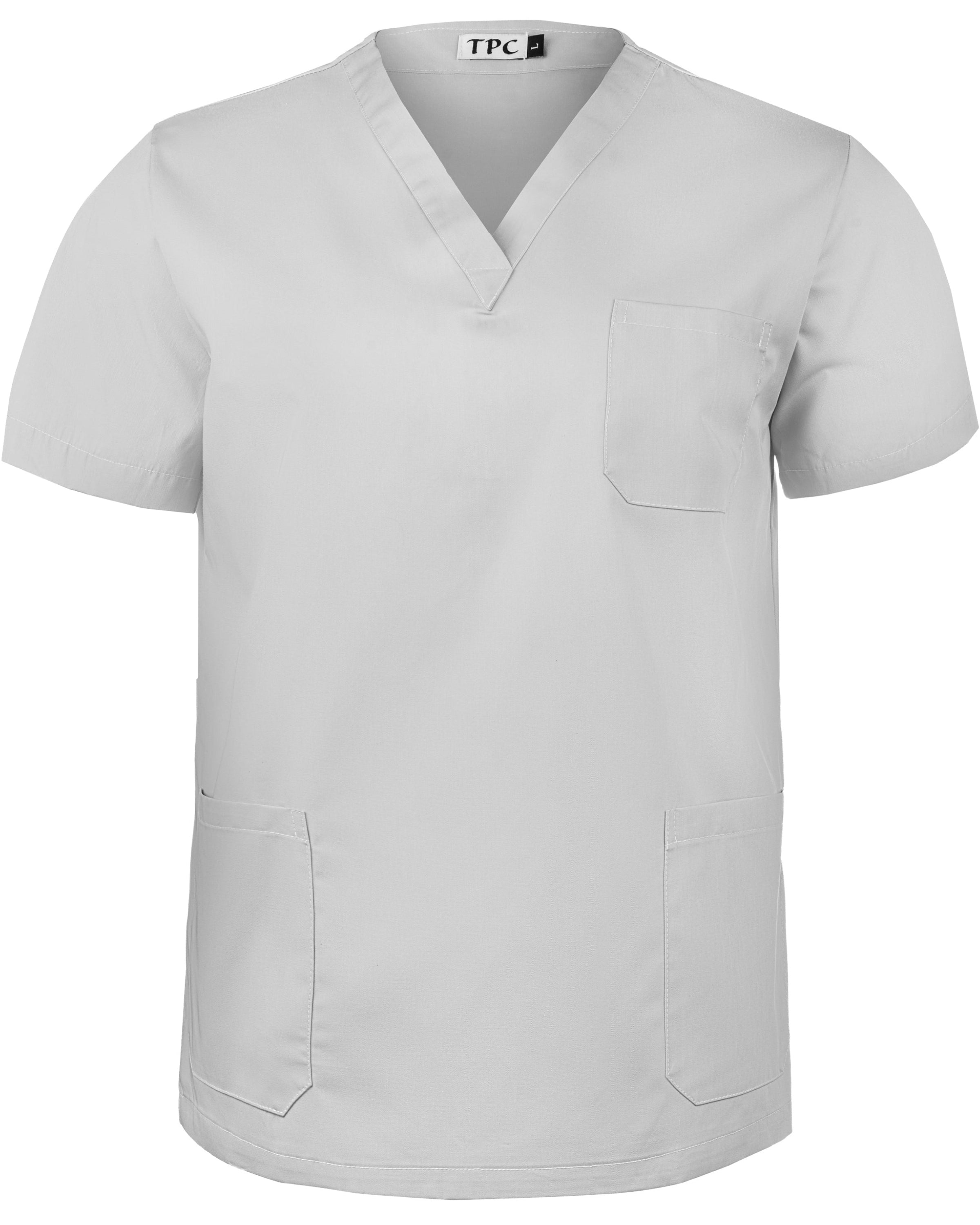 Gray scrub top with short sleeves on a white background