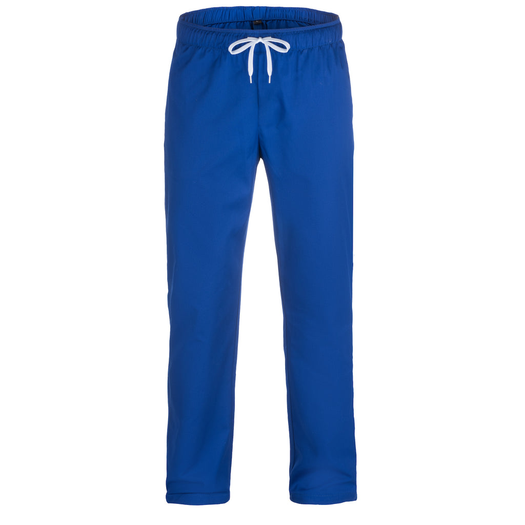 Blue pants with a white drawstring on a white background