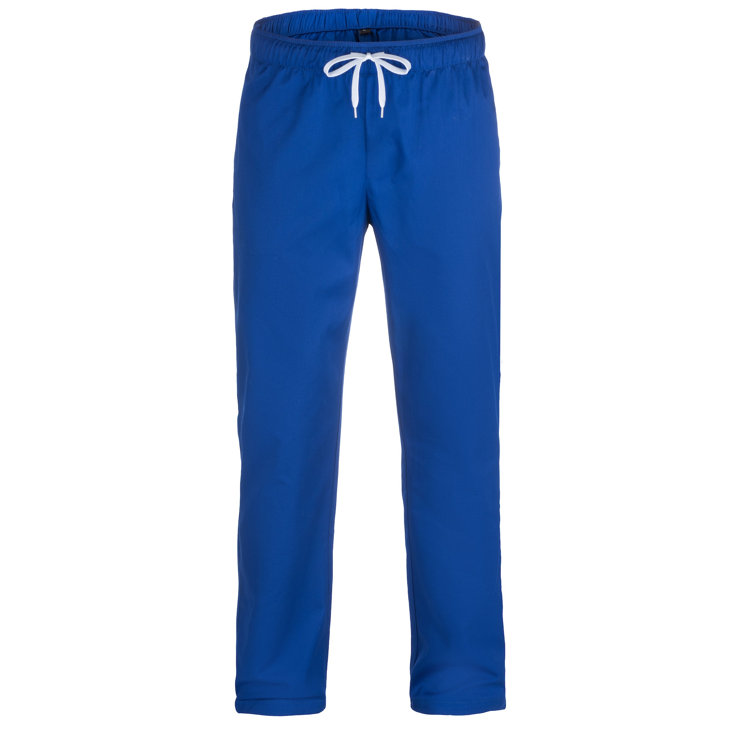 Blue pants with a white drawstring on a white background