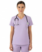 Lavender scrub set with top and pants on a white background