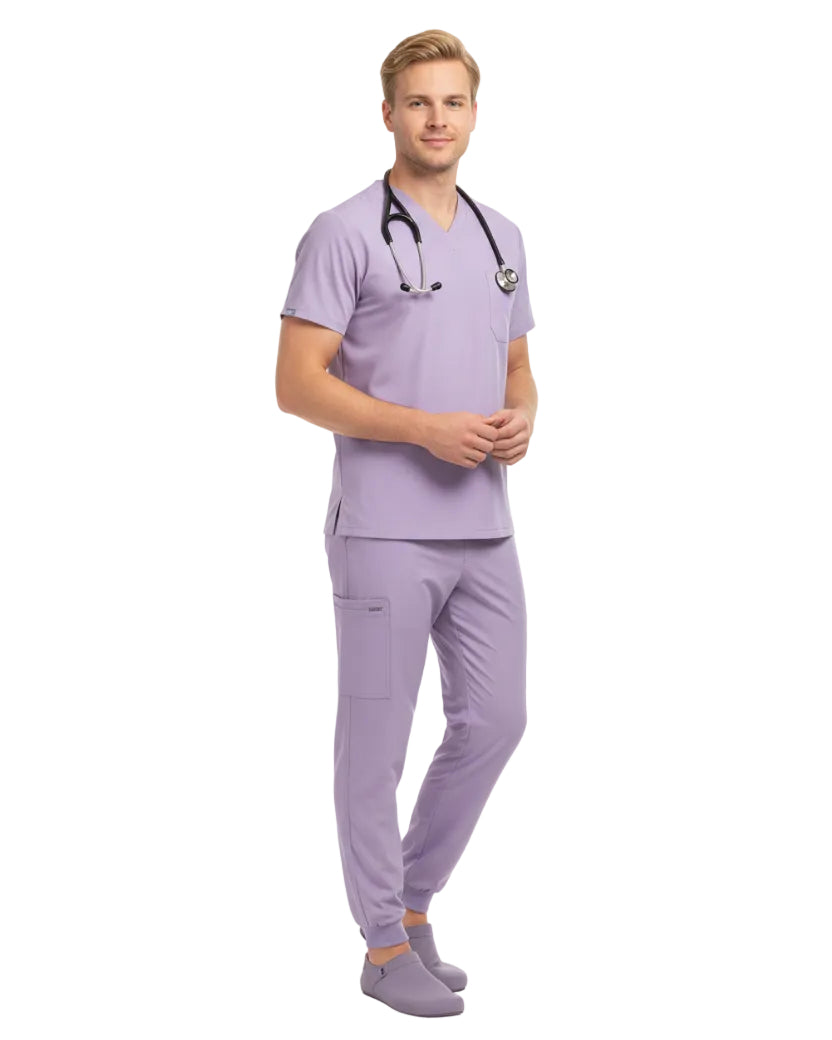 Lavender scrub set with top and pants on a white background