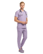Lavender scrub set with top and pants on a white background
