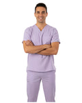 Lavender scrub set with top and pants on a white background
