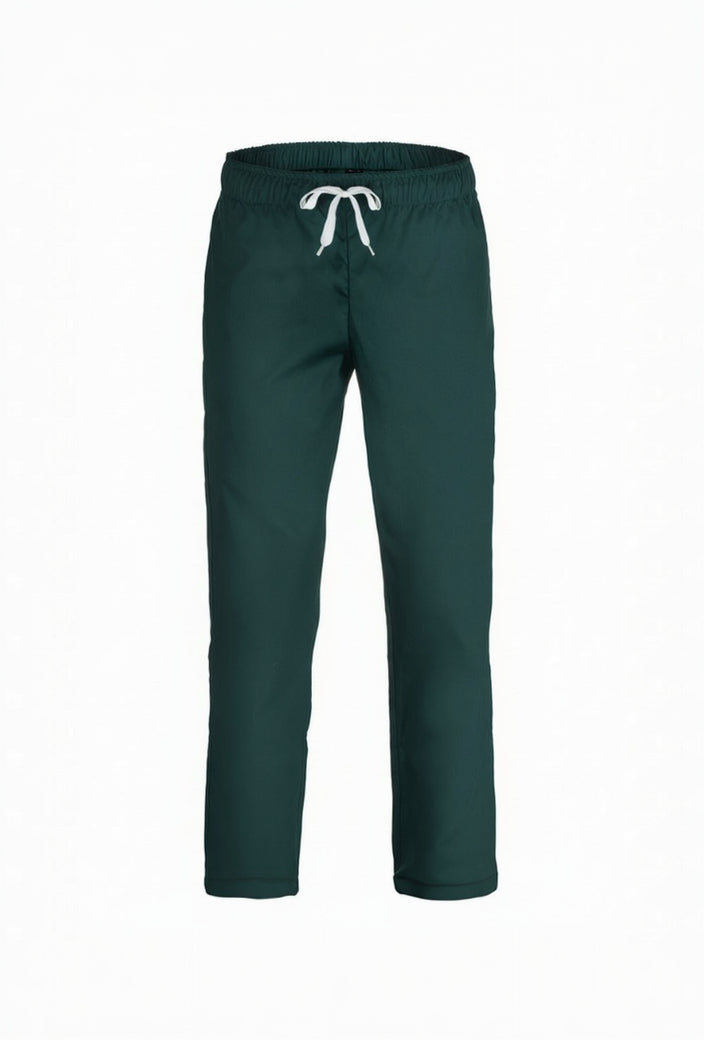 Green pants with a white drawstring on a white background
