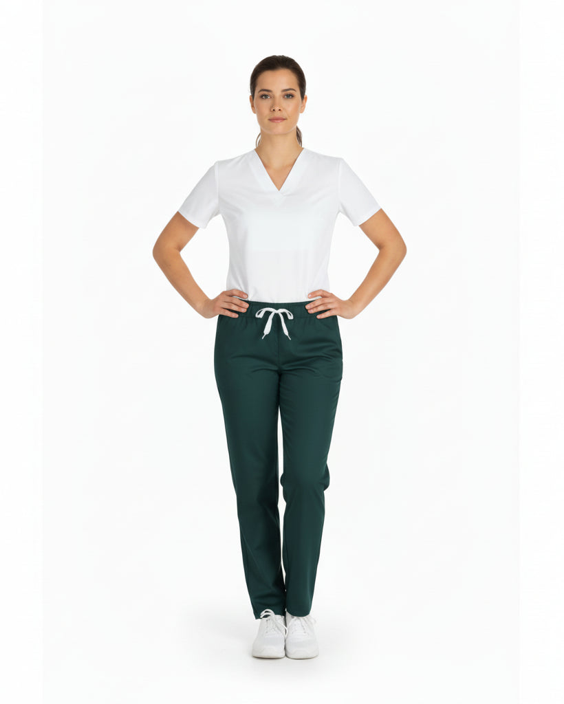 Green pants with a white drawstring on a white background