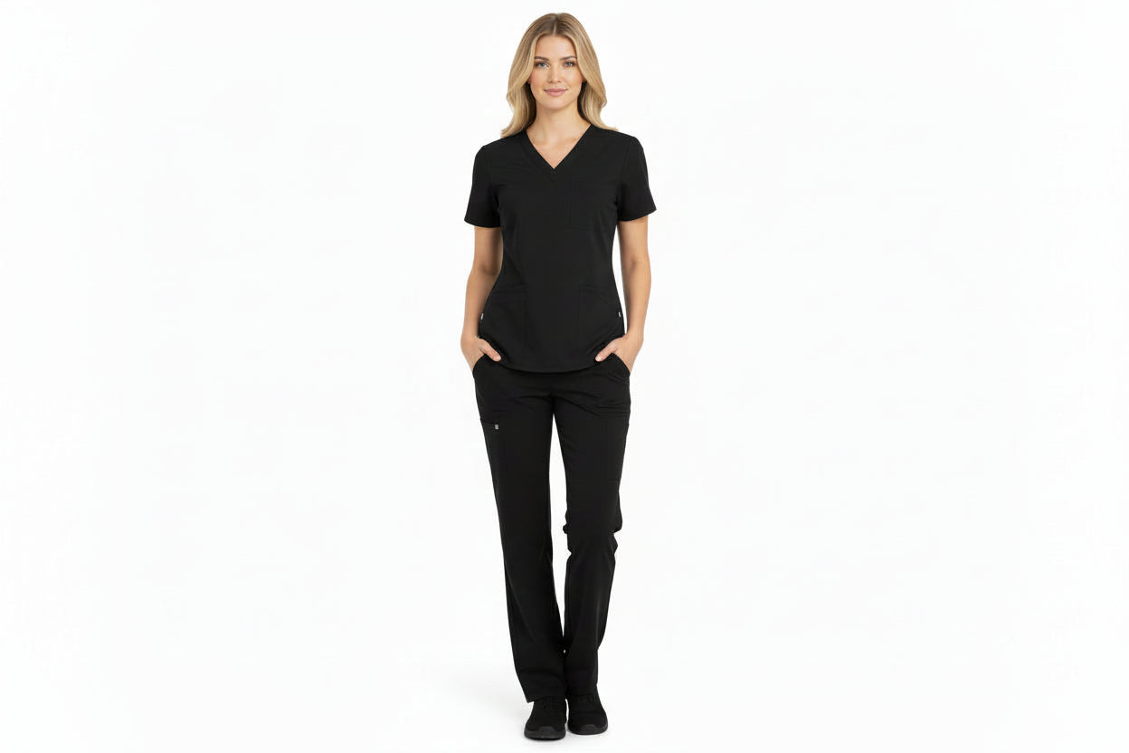 Black scrub set with shirt and pants on a white background