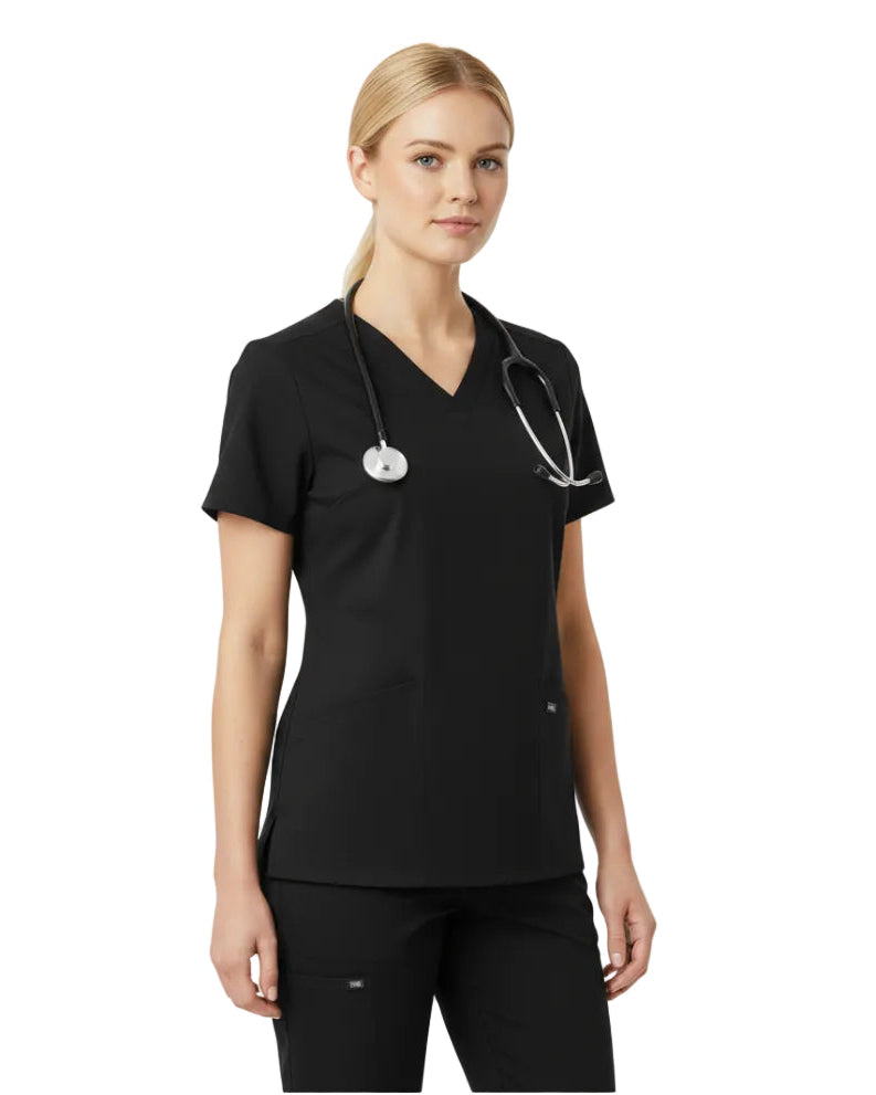 Black scrub set with shirt and pants on a white background