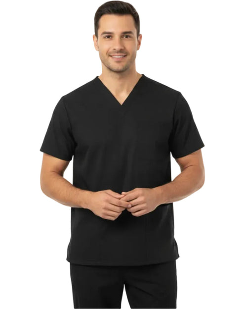 Black scrub set with shirt and pants on a white background
