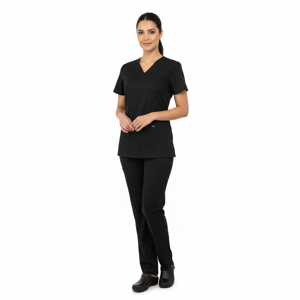 Black scrub set with shirt and pants on a white background