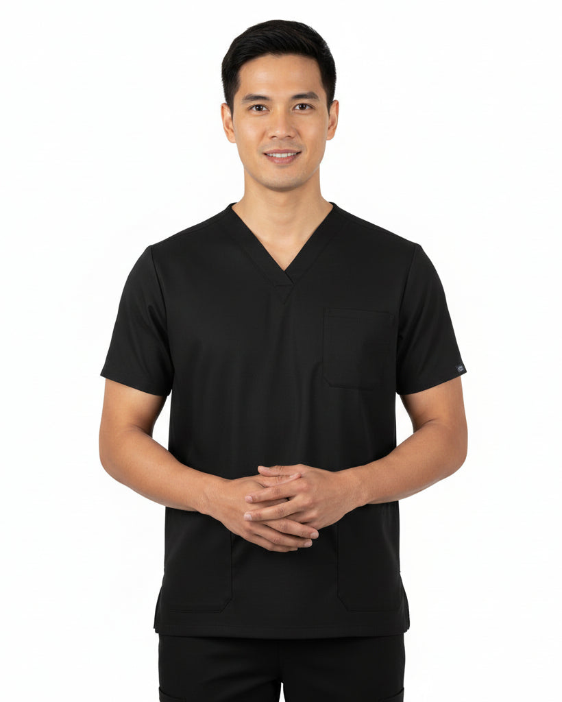Black scrub set with shirt and pants on a white background