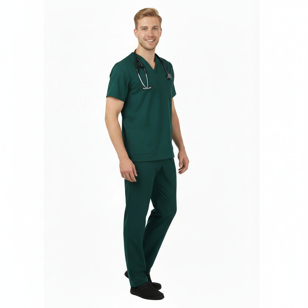 Green scrub set with shirt and pants on a white background