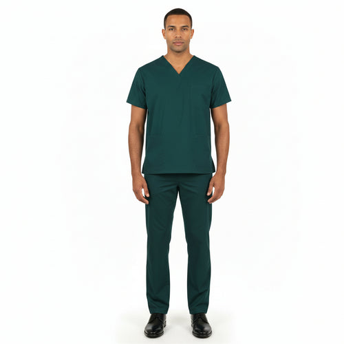 Green scrub set with shirt and pants on a white background