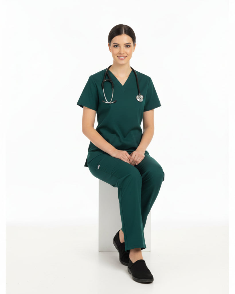 Green scrub set with shirt and pants on a white background