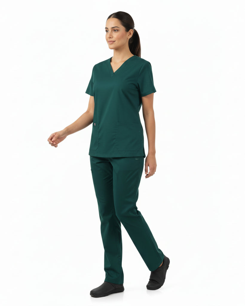 Green scrub set with shirt and pants on a white background