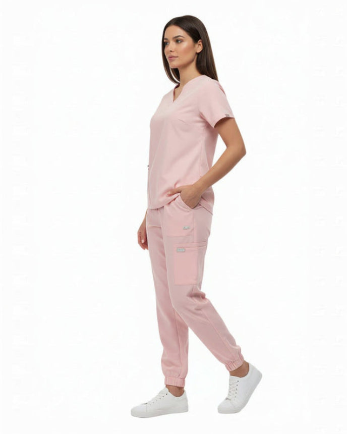 Pink pajama set on a white background