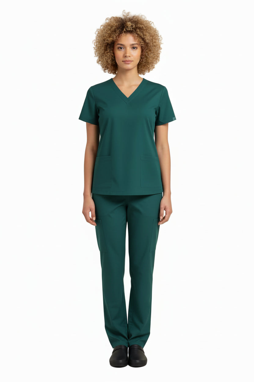 Green scrub set with shirt and pants on a white background