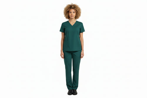 Green scrub set with shirt and pants on a white background