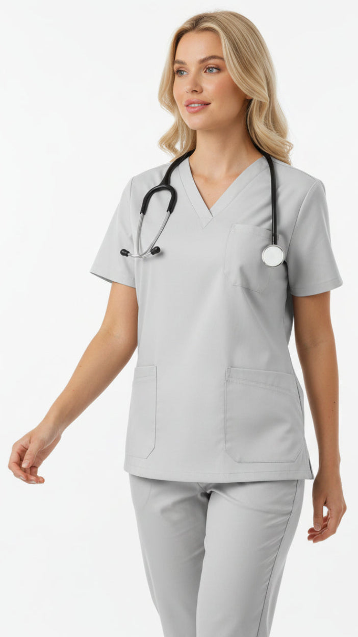 Gray scrub set with shirt and pants on a white background