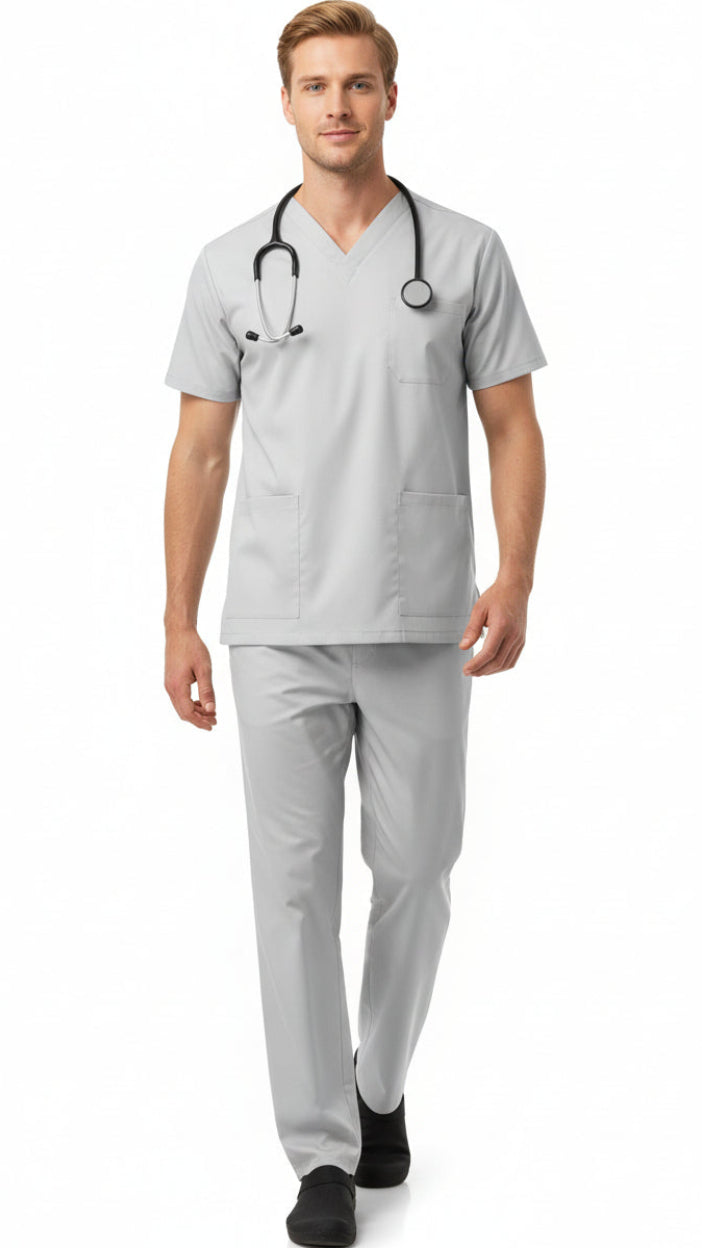 Gray scrub set with shirt and pants on a white background
