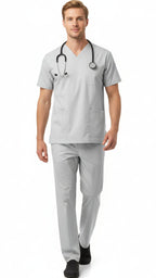 Gray scrub set with shirt and pants on a white background