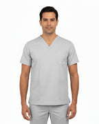Gray scrub set with shirt and pants on a white background