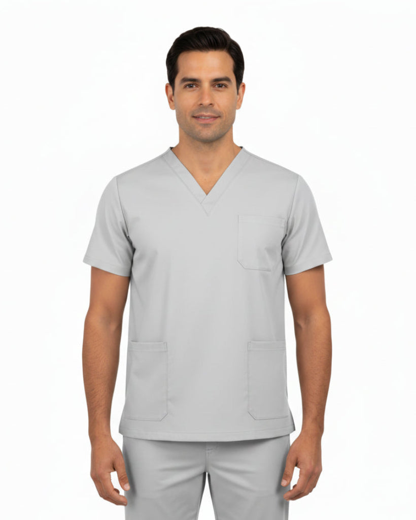 Gray scrub set with shirt and pants on a white background
