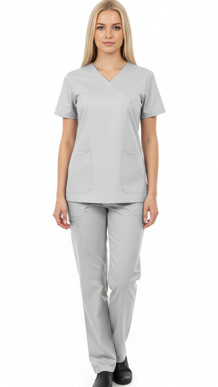 Gray scrub set with shirt and pants on a white background