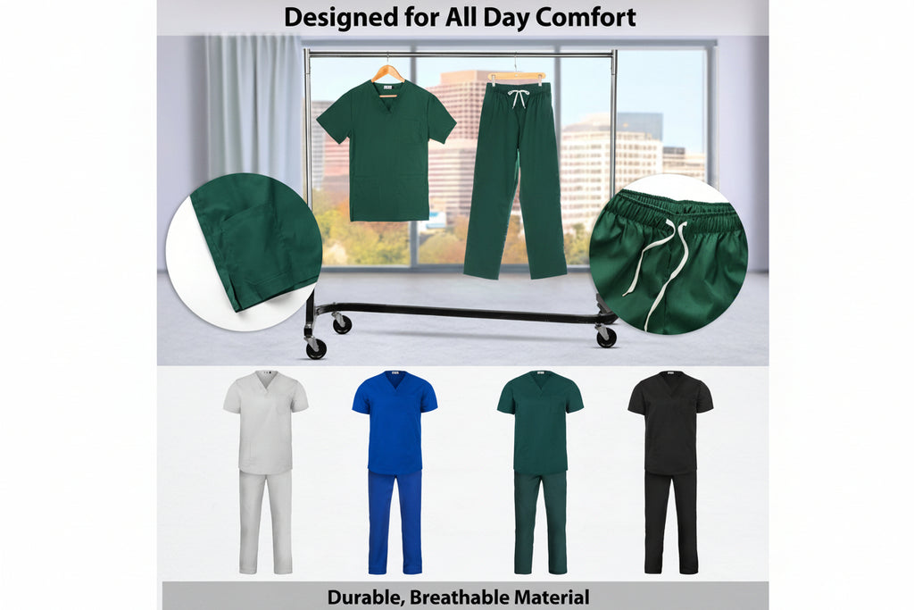 Green medical scrubs set with a window view in the background, featuring durable and breathable material text.