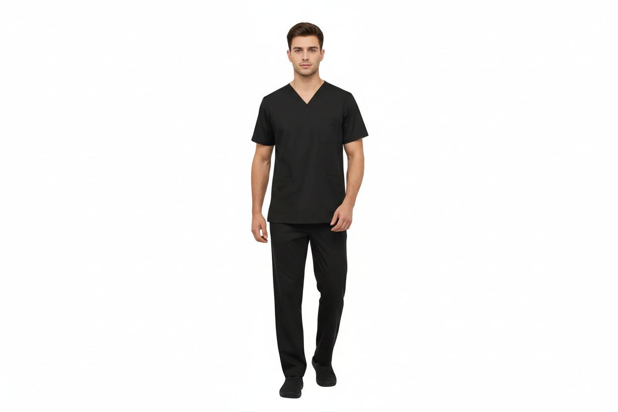 Black scrub set with shirt and pants on a white background