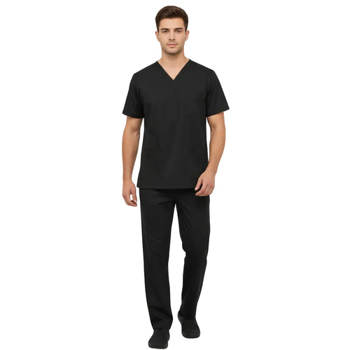 Black scrub set with shirt and pants on a white background