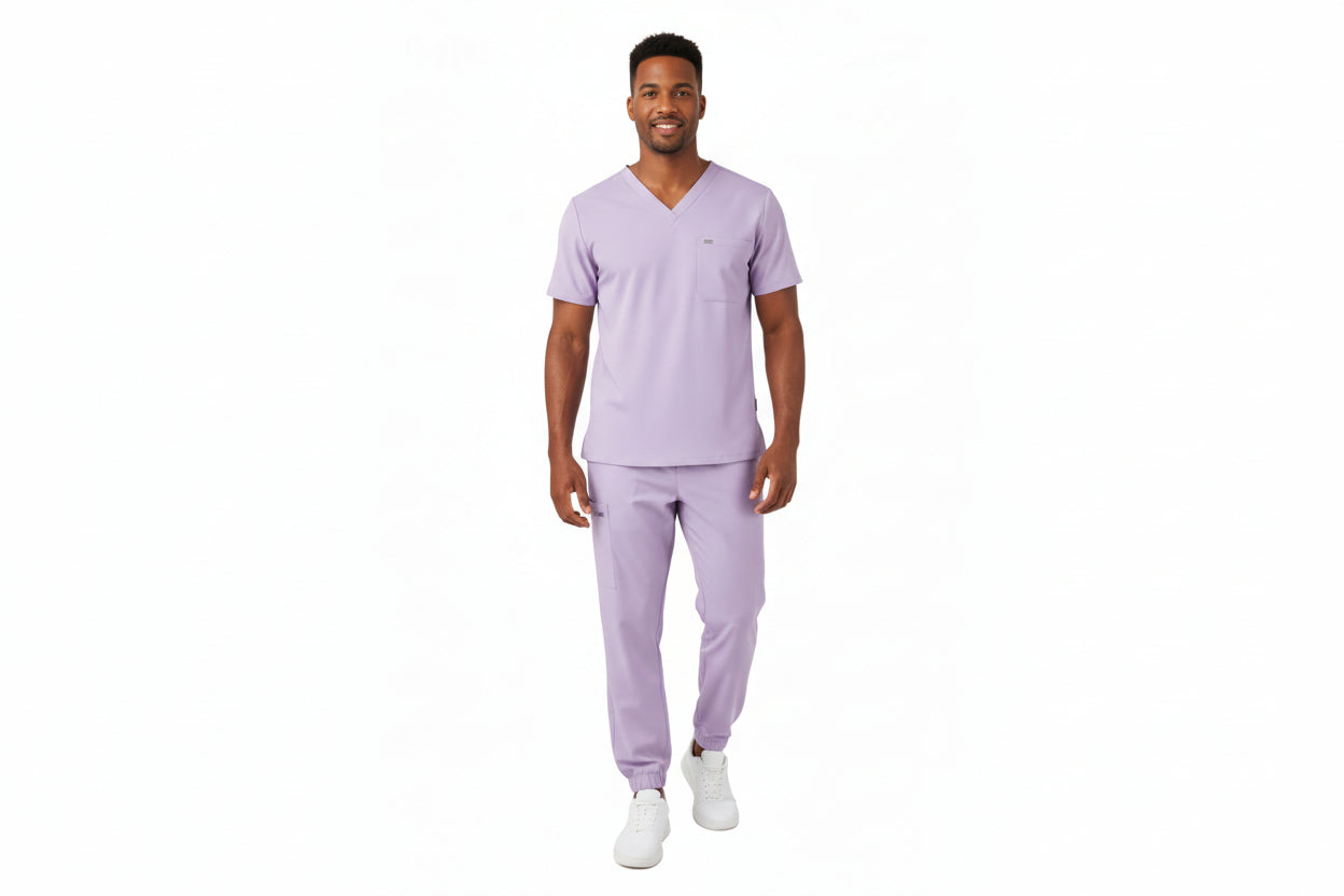 Lavender scrub set with top and pants on a white background