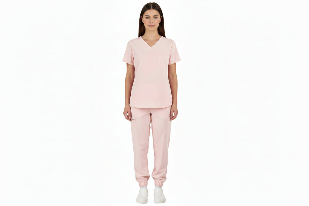 Pink scrub set with top and pants on a white background