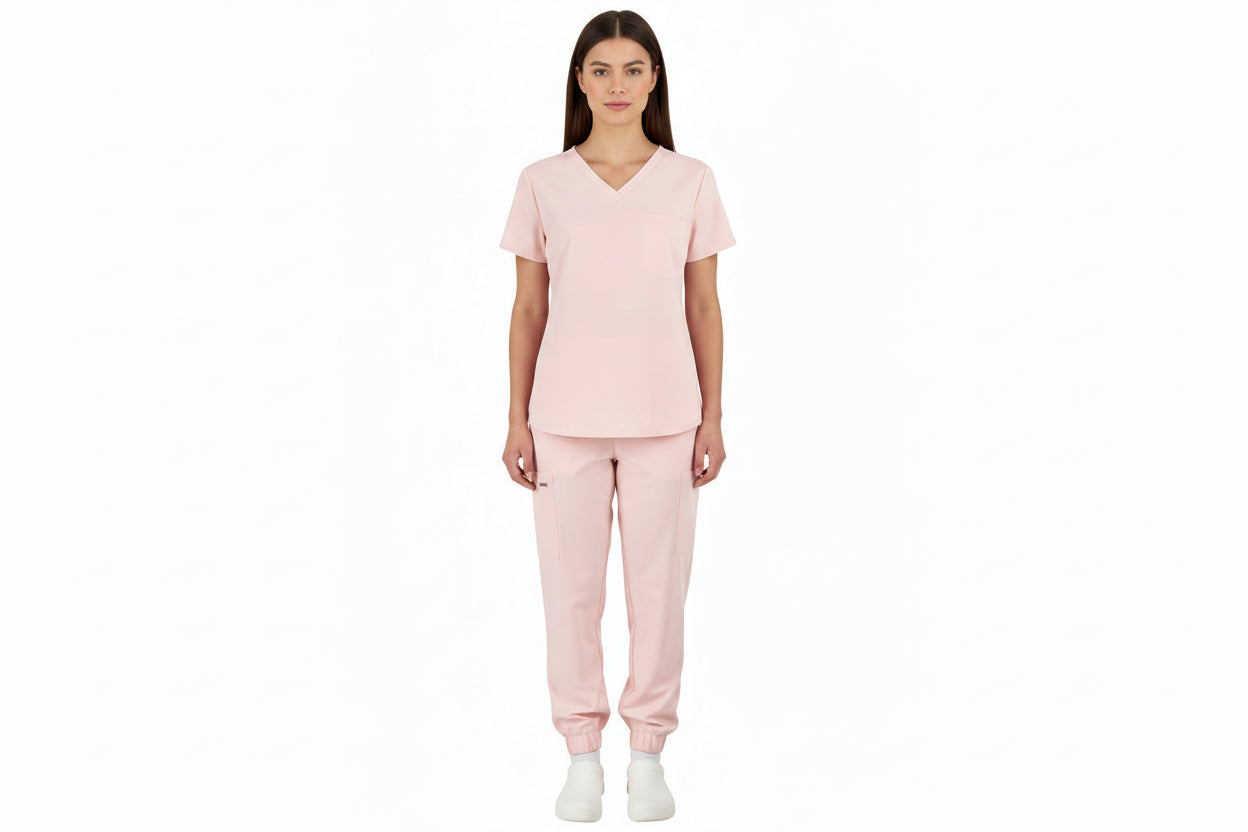Pink scrub set with top and pants on a white background