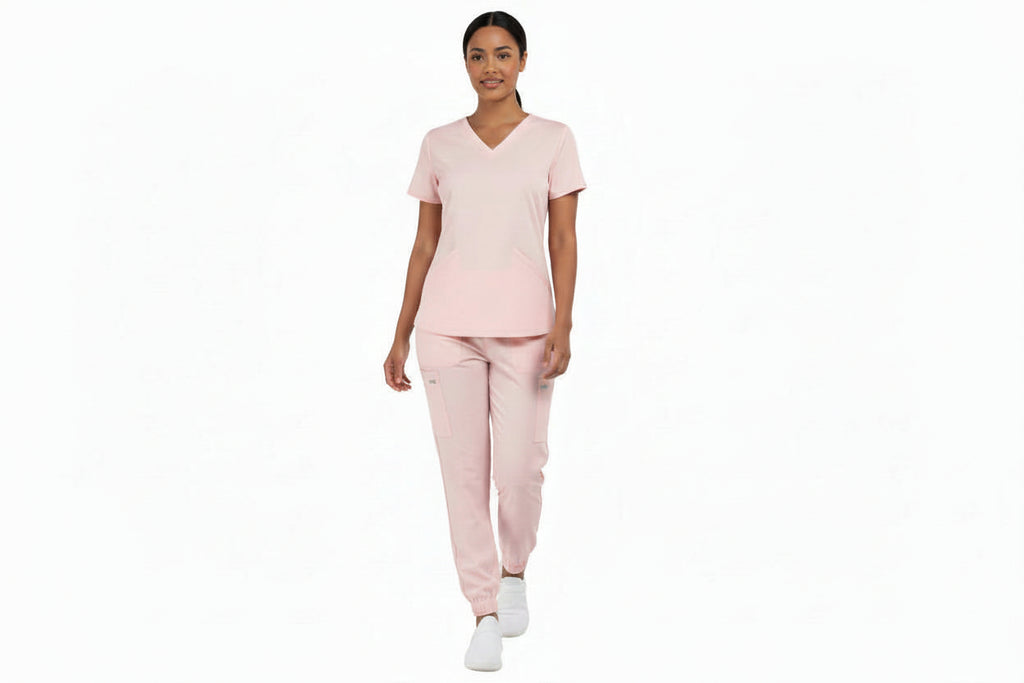Pink jogger nursing scrub set worn by a healthcare professional walking, featuring a modern athletic fit and stretch fabric
