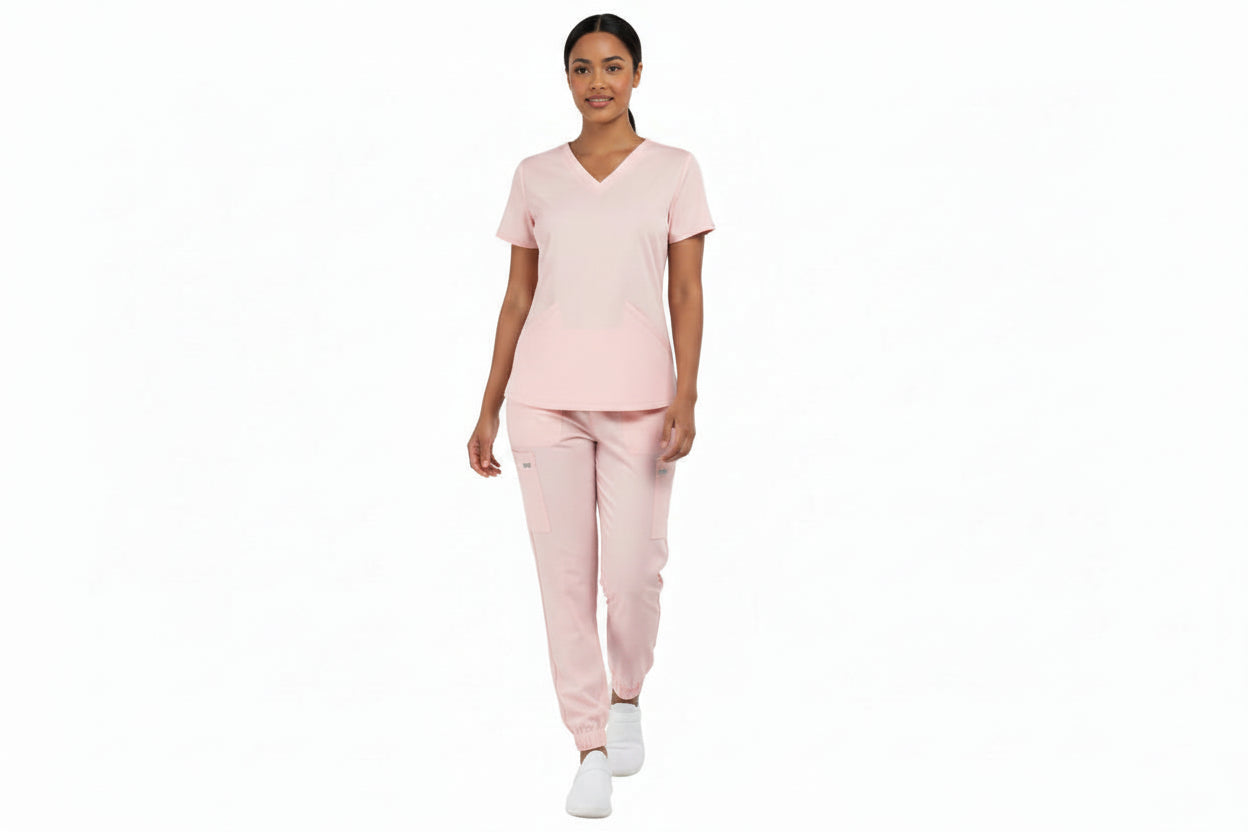 Pink jogger nursing scrub set worn by a healthcare professional walking, featuring a modern athletic fit and stretch fabric