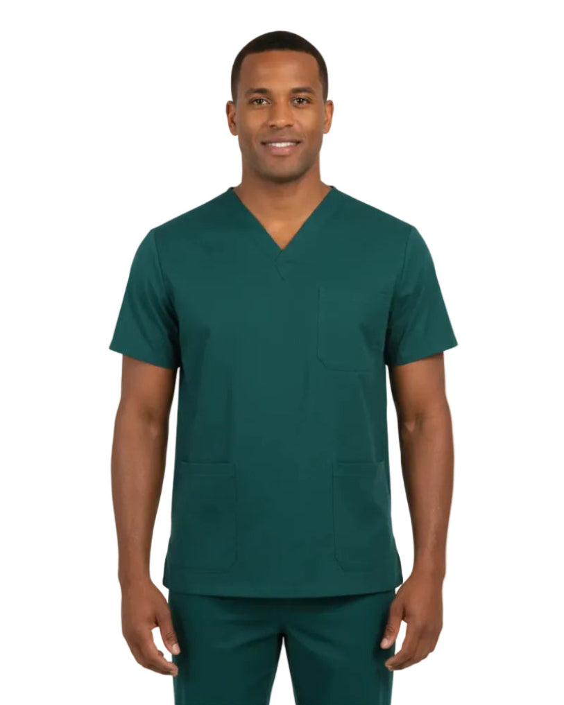 Man wearing a green scrub set on a white background