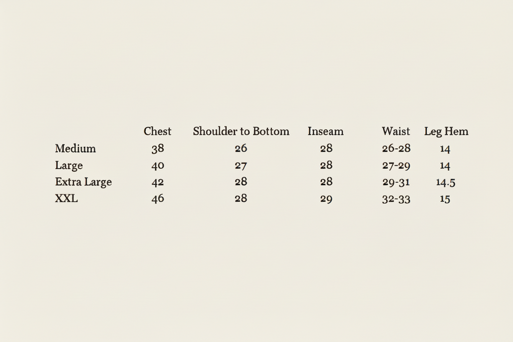 Measurement chart for clothing sizes with chest, shoulder to bottom, inseam, waist, and leg hem dimensions.