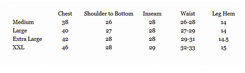 Measurement chart for clothing sizes with chest, shoulder to bottom, inseam, waist, and leg hem dimensions.