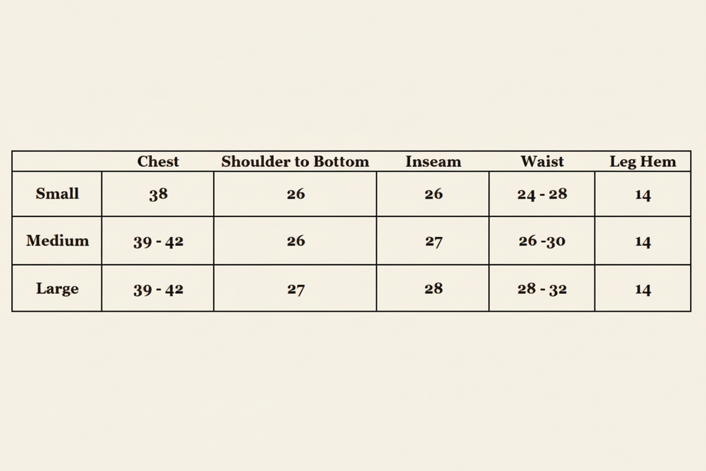 Measurement chart for clothing sizes Small, Medium, and Large with dimensions in inches.