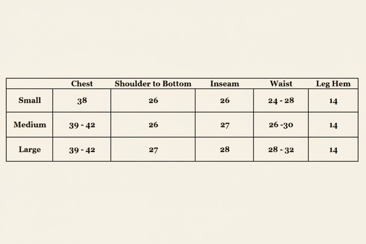 Measurement chart for clothing sizes Small, Medium, and Large with dimensions in inches.
