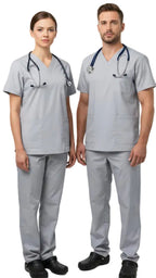 Stonewash Gray scrub set with top and pants on a white background