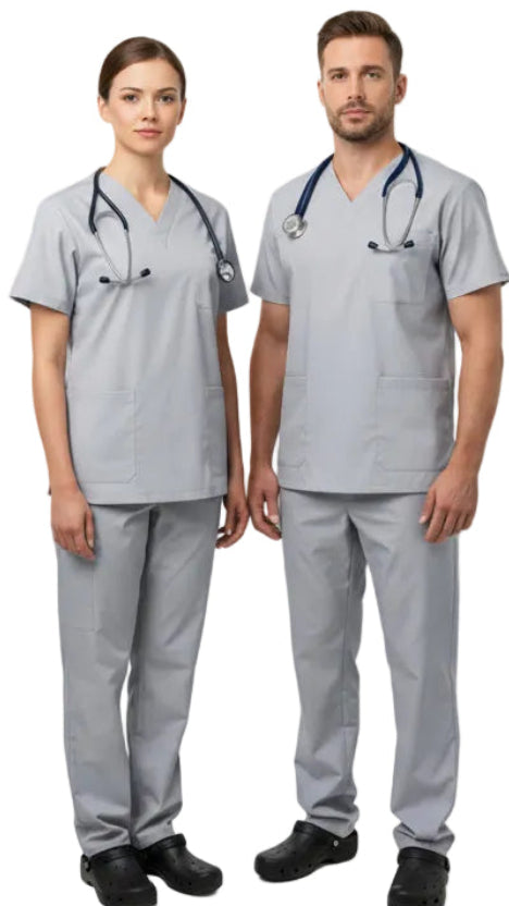 Stonewash Gray scrub set with top and pants on a white background