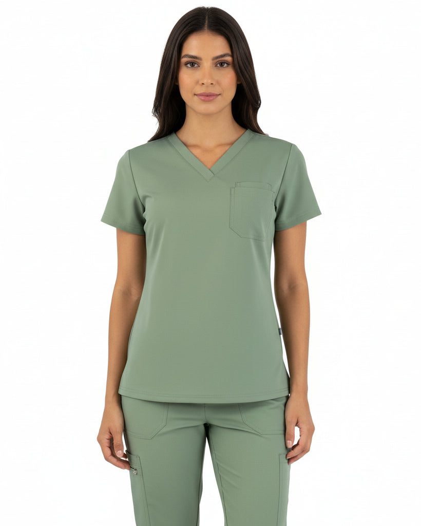 Sage green medical scrub top by The Puisis Collection, featuring left chest pocket and modern fit.