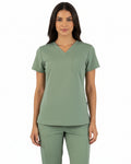 Sage green medical scrub top by The Puisis Collection, featuring left chest pocket and modern fit.