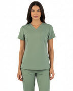 Sage green medical scrub top by The Puisis Collection, featuring left chest pocket and modern fit.