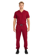 Male model wearing Heartbeat Crimson jogger scrub pants, front view

