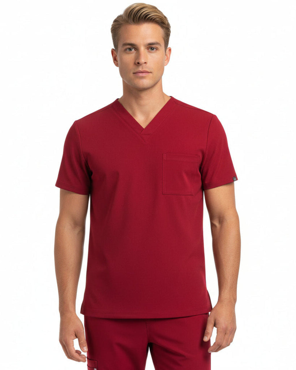 Front view of Puisis Luxe Jogger Scrub Set in Heartbeat Crimson