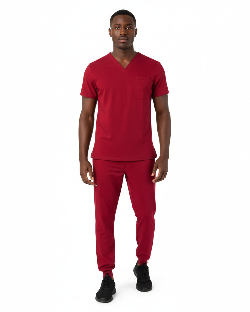 Puisis Luxe Jogger Scrub Set in Heartbeat Crimson male model
